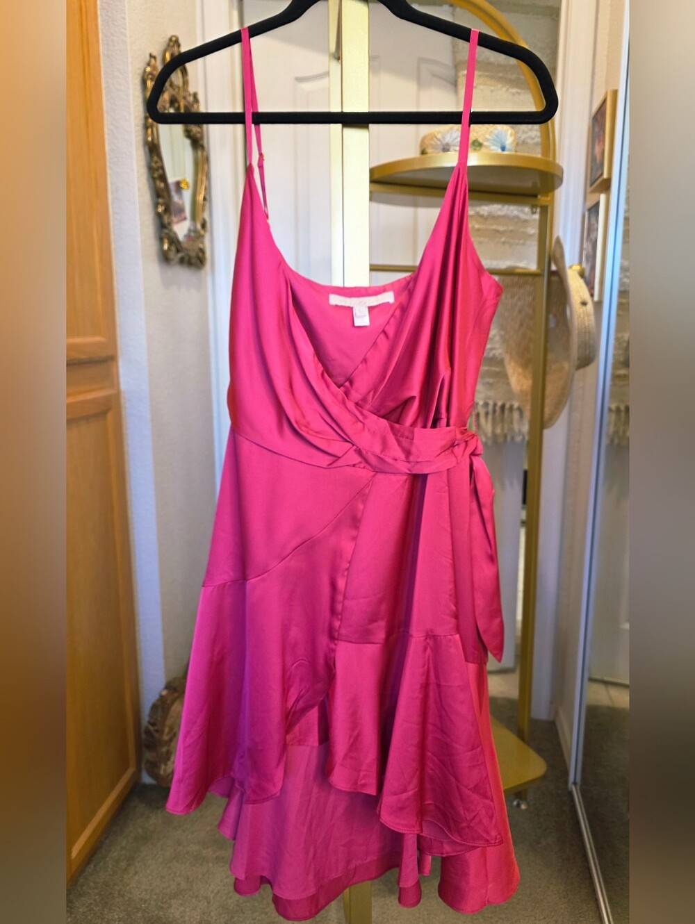 HUTCH Fuchsia Pink Satin Wrap-Style Slip Mini High Low Ruffle  Dress Large